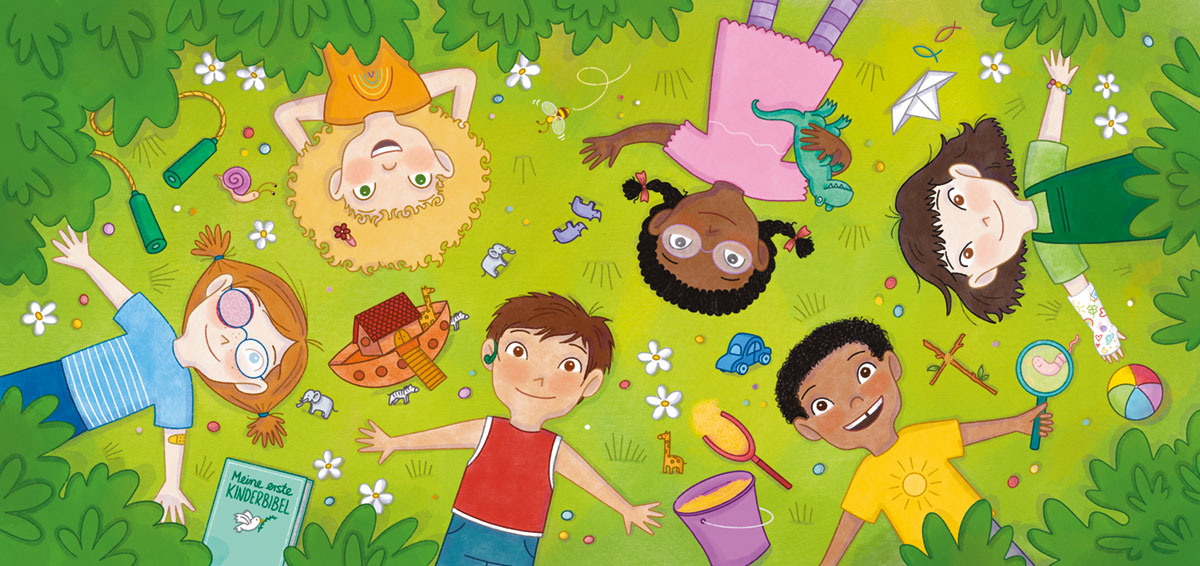 Grafik: Eine Gruppe Kinder liegt auf einer Wiese und schaut in den Himmel